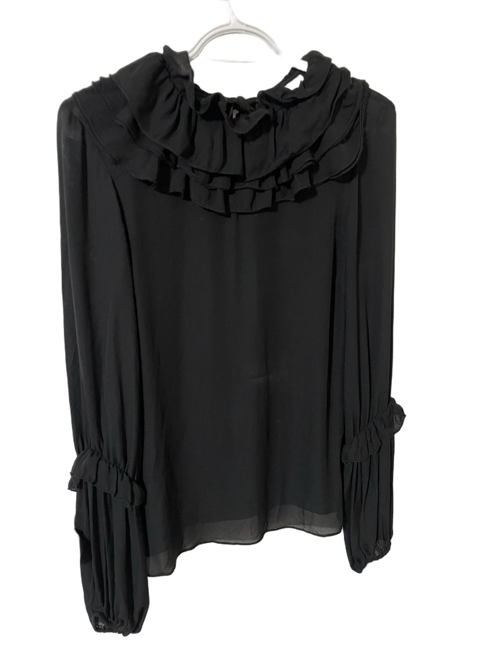 2B.Rych Black Silk Ruffled High-Neck Long Sleeve Blouse Size 6